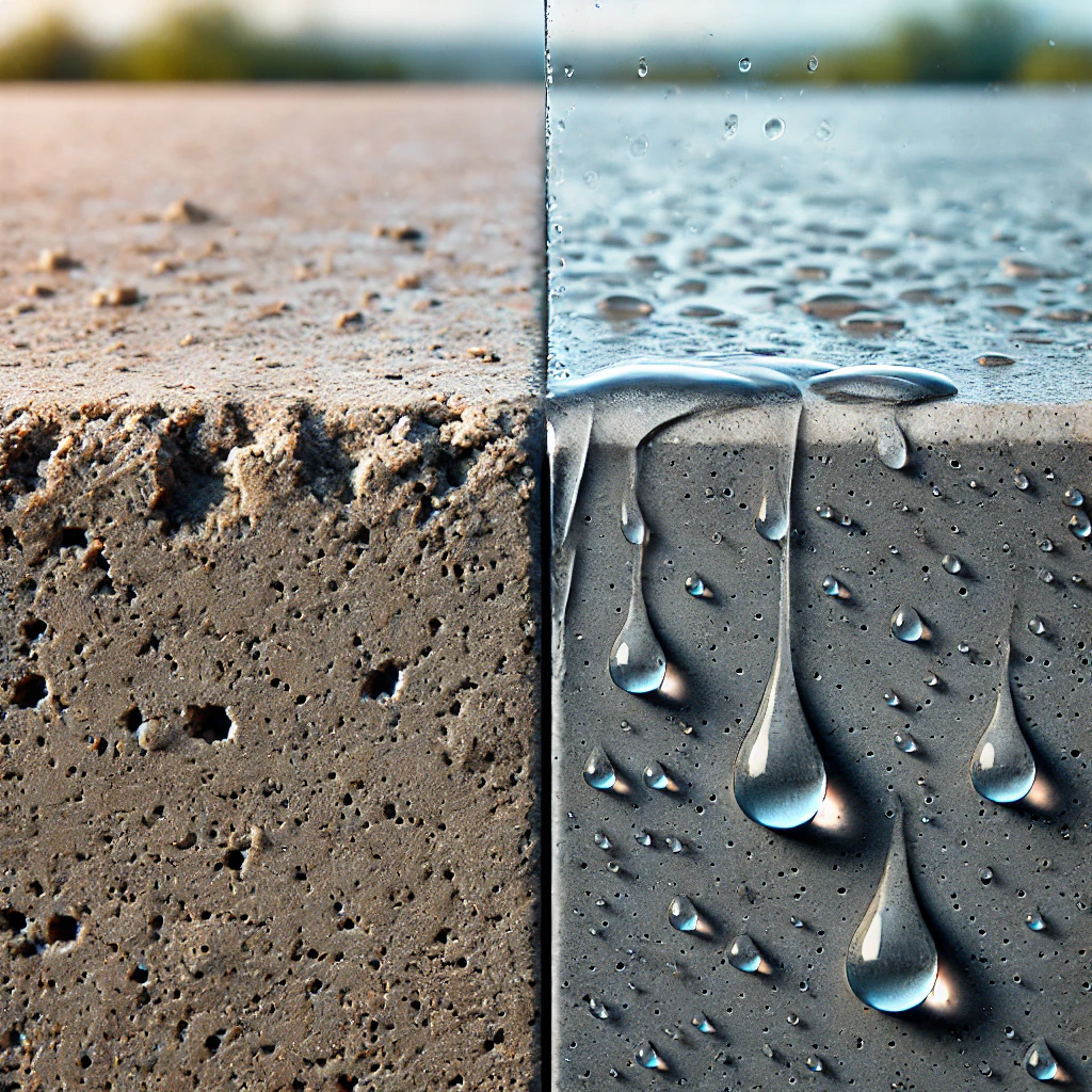 A close-up comparison of two concrete surfaces side by side—one sealed and one unsealed—after exposure to Queensland weather. The unsealed surface shows visible wear, fading, and minor cracking, while the sealed side remains vibrant and intact. Water droplets bead on the sealed surface, highlighting its protective qualities.