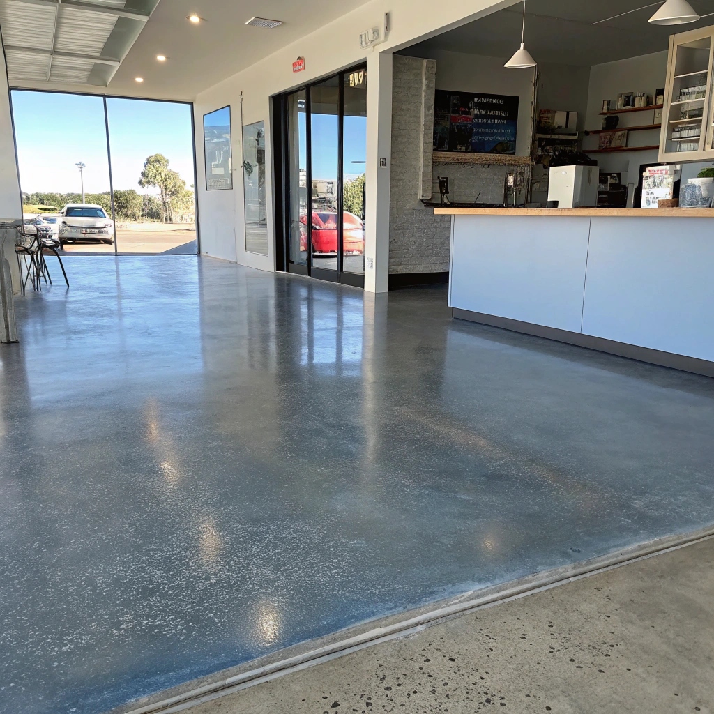 Non-slip polished concrete flooring in Elliott Heads business with ocean-inspired blue-gray tint