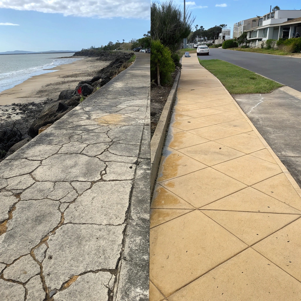 Before and after of concrete resurfacing showing salt damage repair at Elliott Heads coastal property