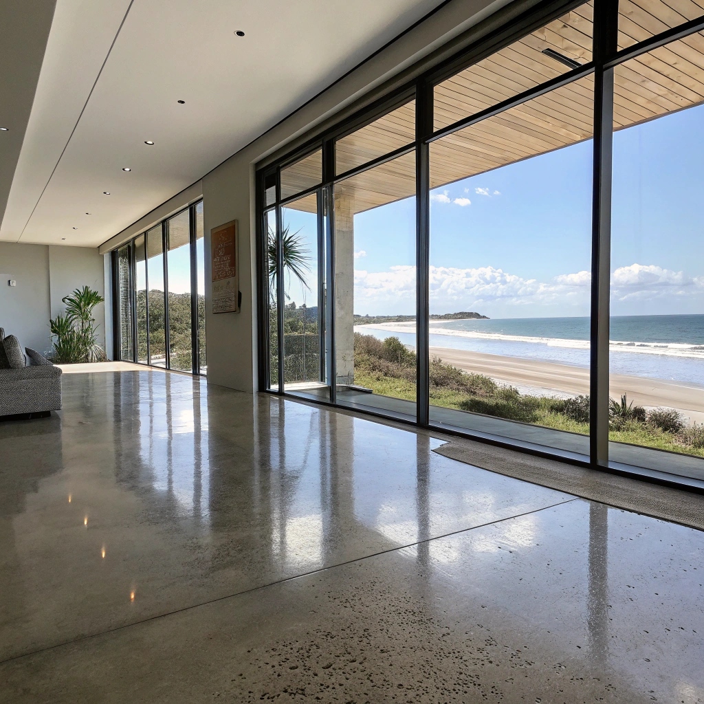 Polished concrete flooring in modern Elliott Heads coastal home with natural light highlighting the smooth finish