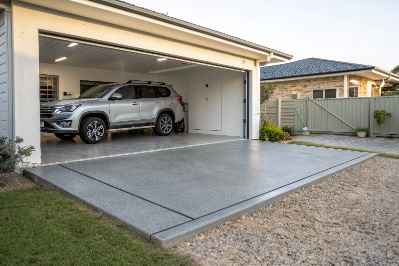 completed-double-garage-slab Completed double garage slab with vehicle Bundaberg residential property