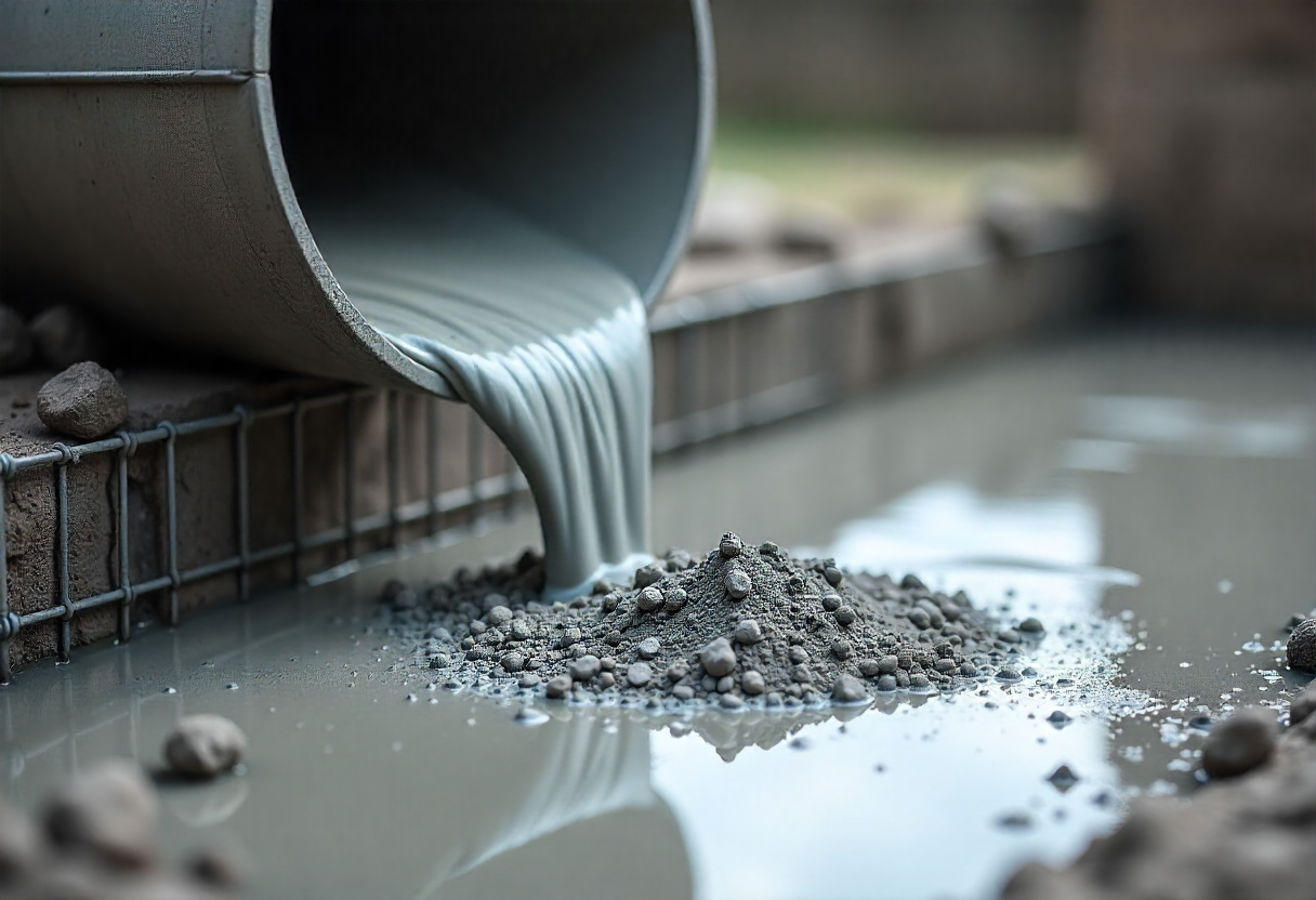 fresh grey concrete being poured from a CONCRETE SUPPLIER onto prepared ground fresh grey concrete being poured from a CONCRETE SUPPLIER onto prepared ground