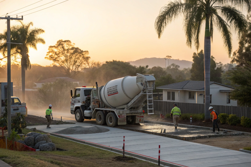 Early morning concrete delivery in Bundaberg during summer heat management