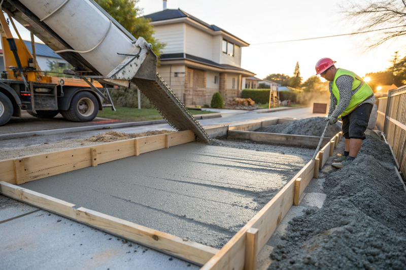 Fresh ready-mix concrete being poured from delivery truck chute into driveway in Bundaberg