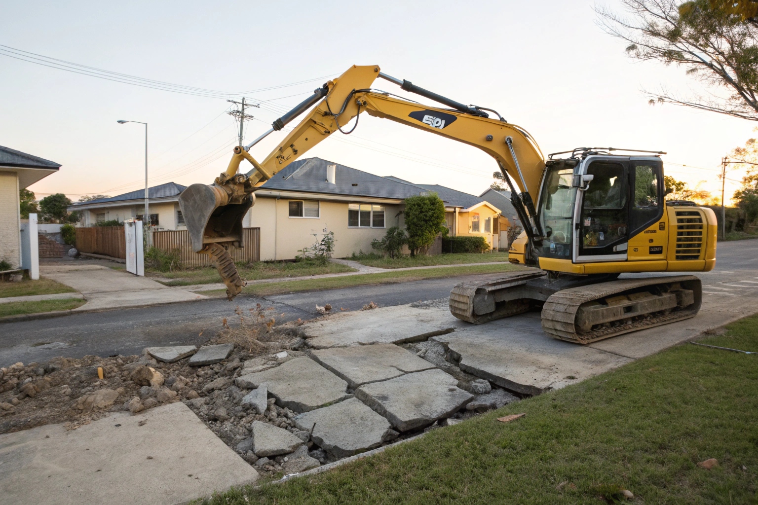 yellow-excavator-with-hydraulic-breaker-demolishin Excavator demolishing concrete slab on Bundaberg residential property